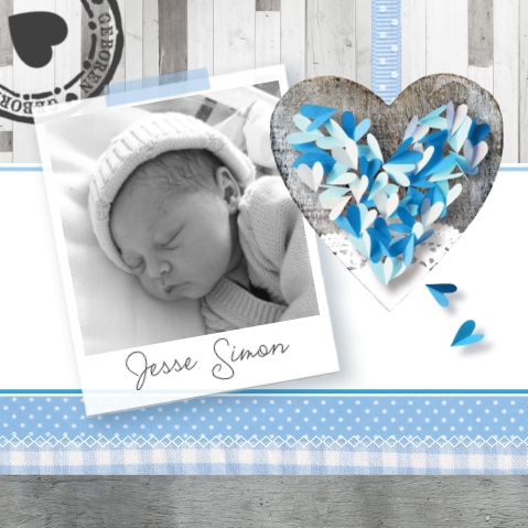 klassiek geboortekaartje voor jongen met hartjes en foto